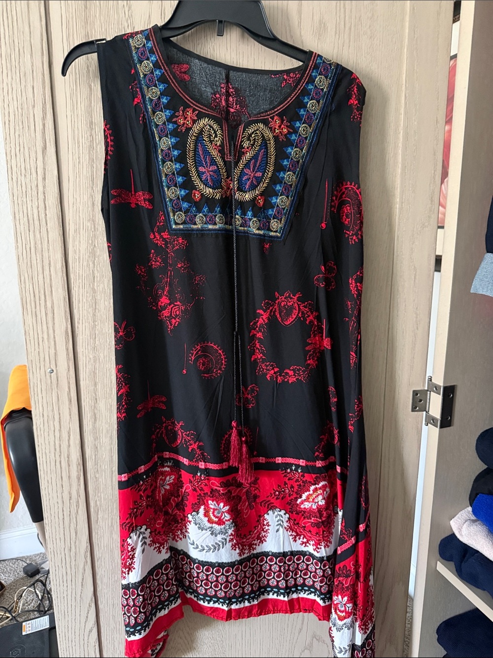 Embroidered Black & Red Sleeveless Tunic Top